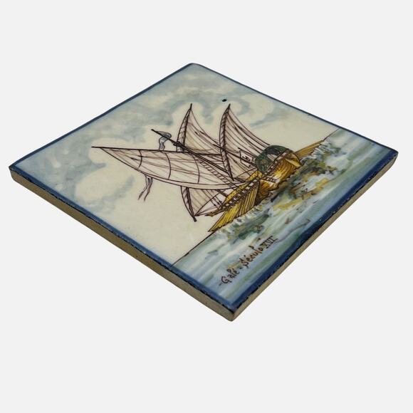 Portuguese Tile Ship Gale Seculo XVI Handpainted Battistini de Maria de Portugal - Picture 6 of 13